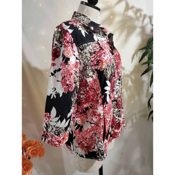 Chicos Womens Floral 3/4 Sleeve Zip Jacket Size 2 US L 12 Lightweight Pockets - Picture 4 of 11